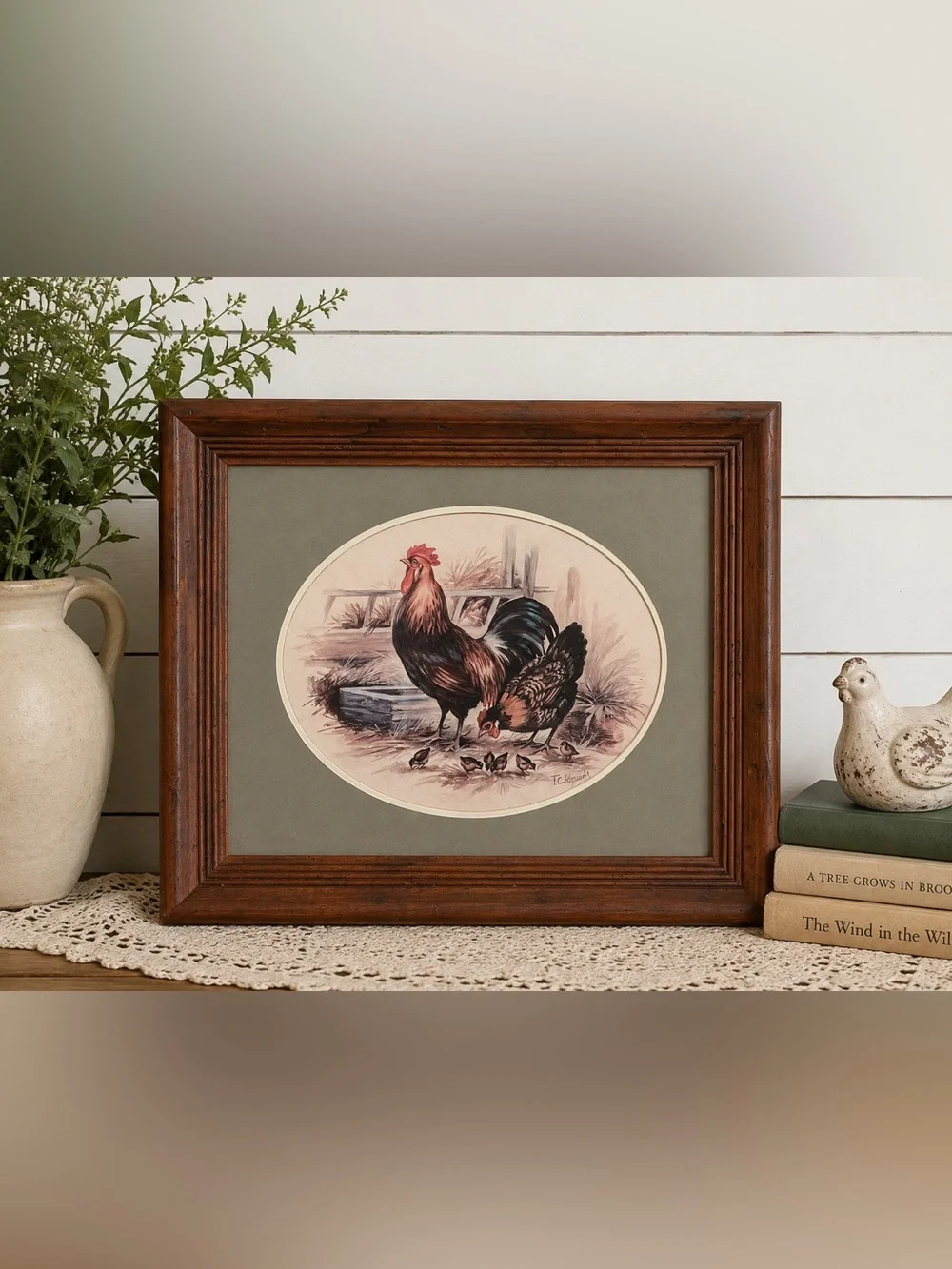 Farmhouse Rooster Wall Art in Brown Frame with Olive Mat